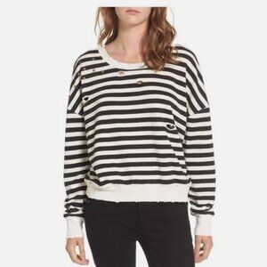 Splendid Black & White Distressed Striped Crew Neck Sweatshirt Medium